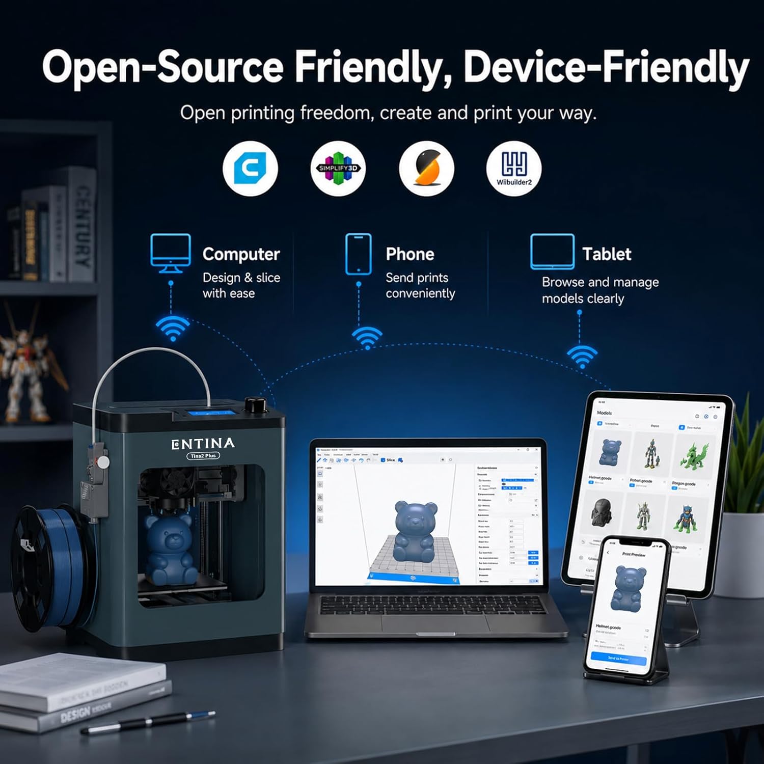 Entina Tina2 Plus Smart 3D Printers with 250MM/S Fast Printing, Fully Assembled, 3D Printer for Kids and Beginners