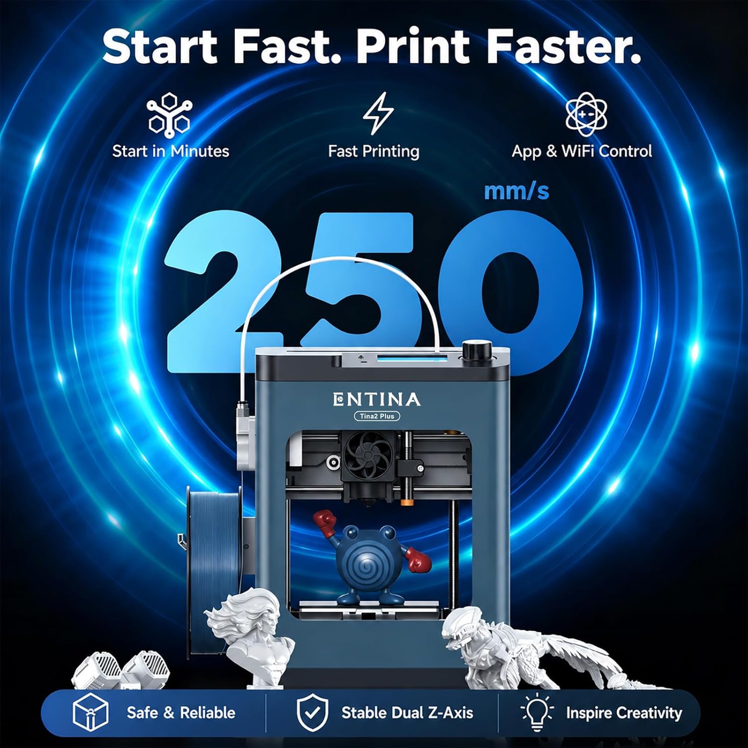 Entina Tina2 Plus Smart 3D Printers with 250MM/S Fast Printing, Fully Assembled, 3D Printer for Kids and Beginners