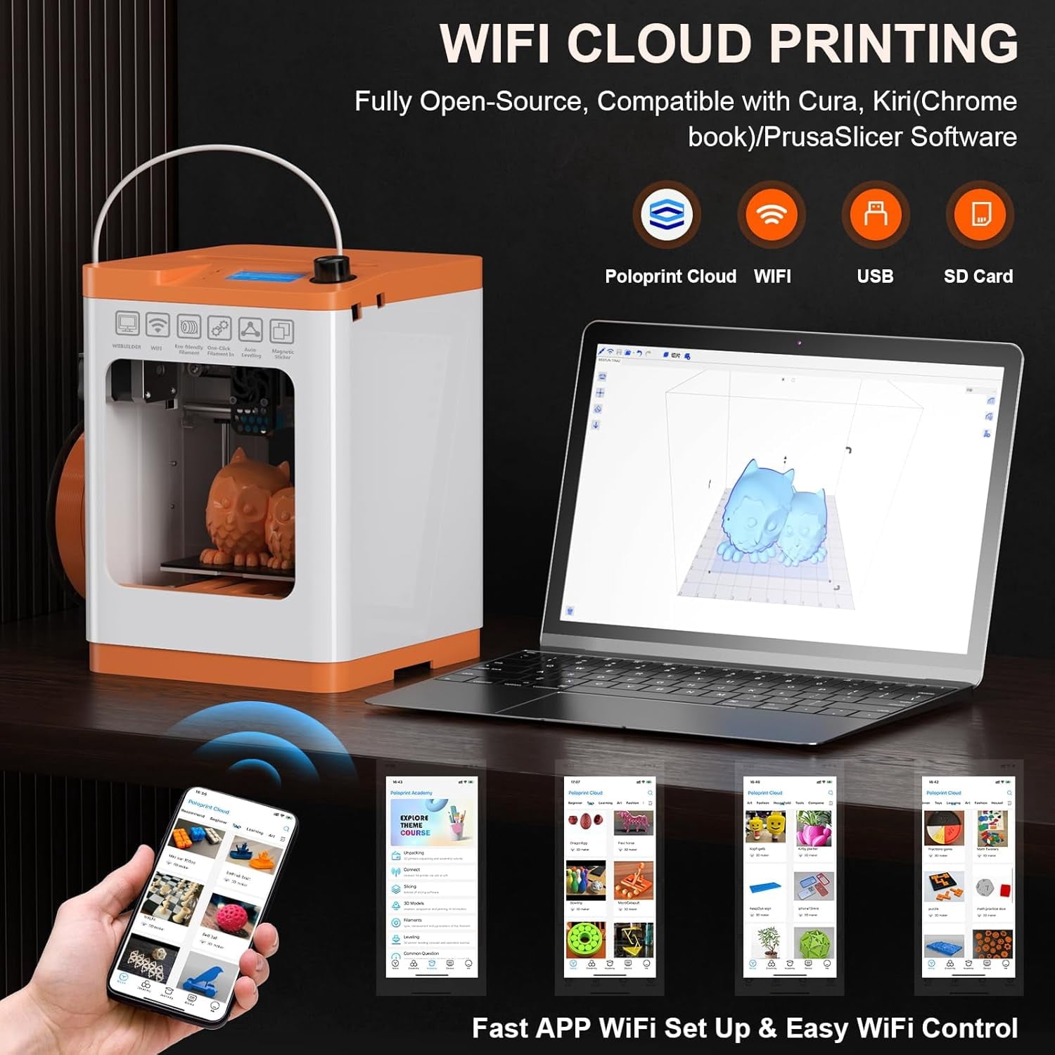 Tina2S Mini 3D Printer, fully assembled with WiFi cloud printing & auto bed leveling, ideal for beginners
