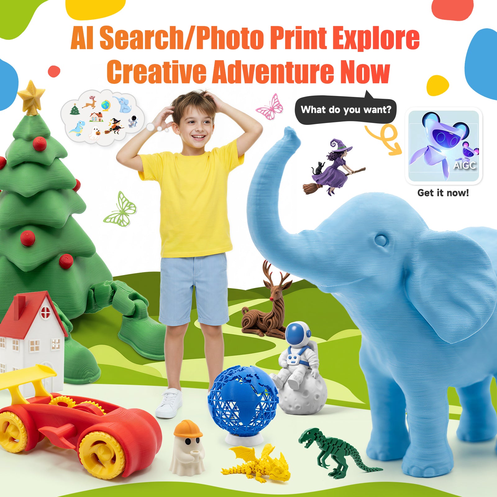 Colorful 3D printed models made with the ENTINA Tina2C 3D printer for kids and creative projects