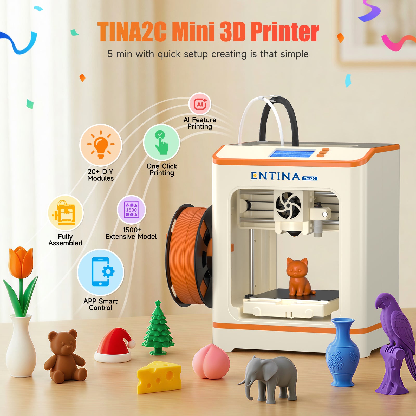 ENTINA Tina2C 3D printer front view with compact enclosed design