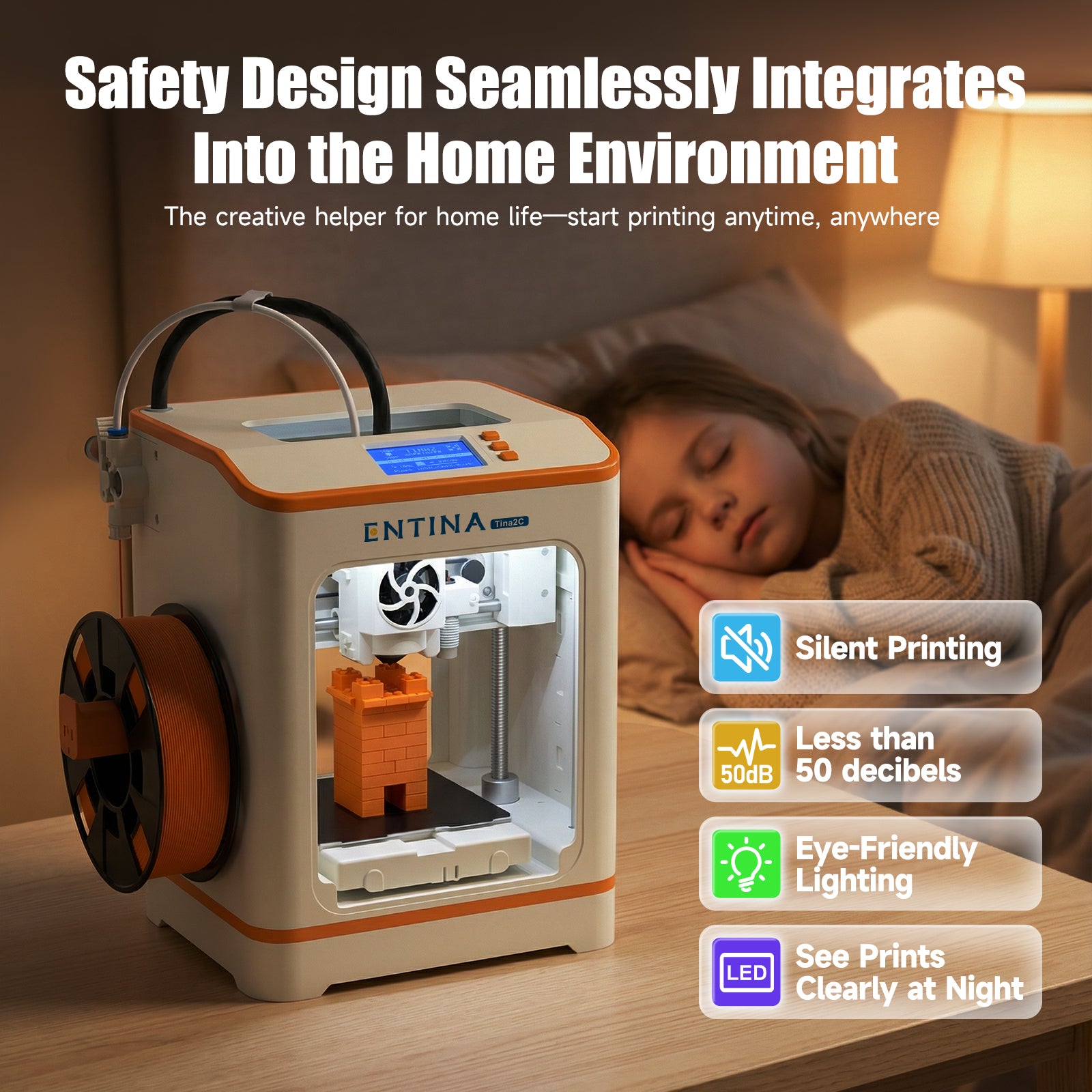 ENTINA Tina2C 3D printer with quiet operation for home, classroom, and kids learning