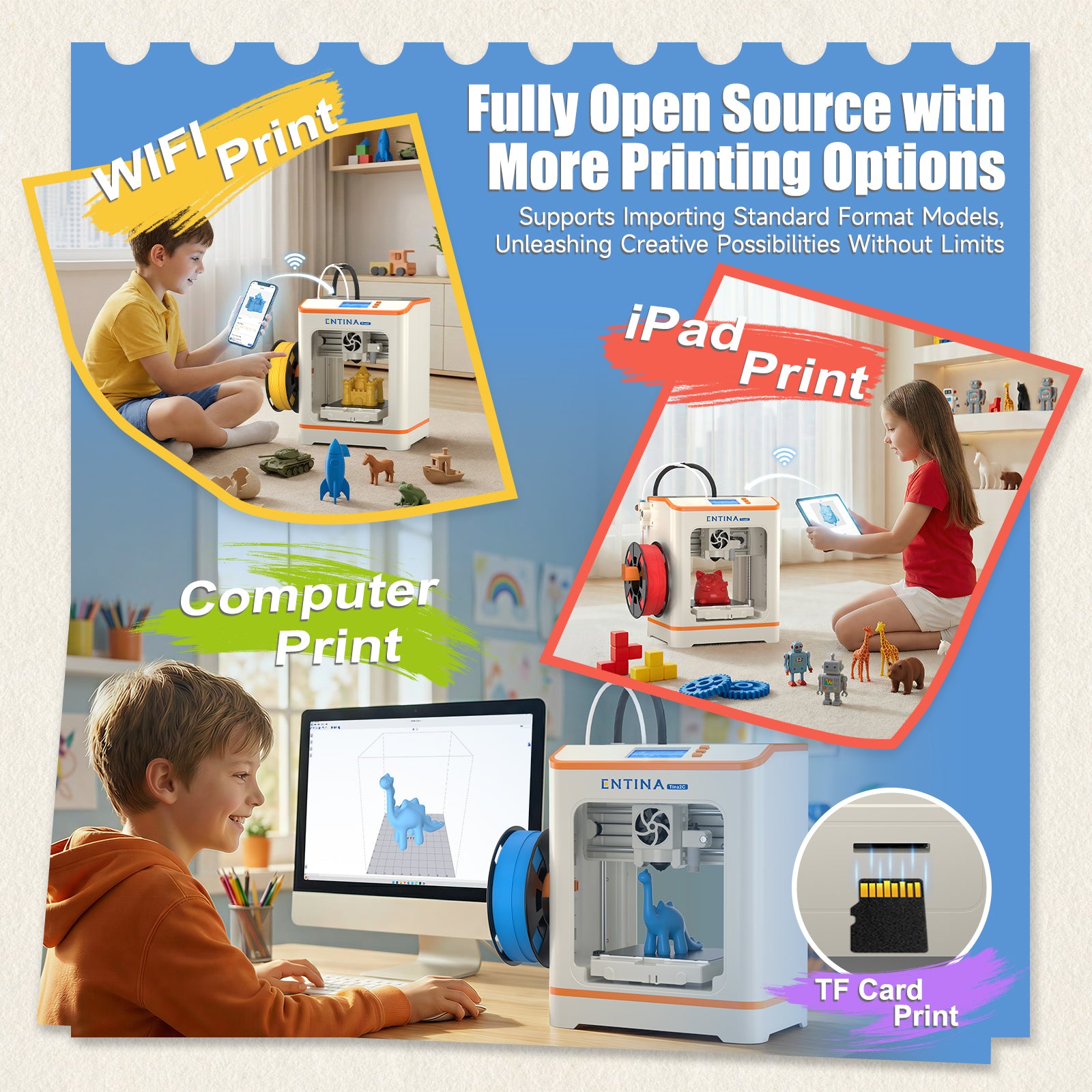 ENTINA Tina2C 3D printer with three printing methods including Wi-Fi, wired computer connection, and SD card printing