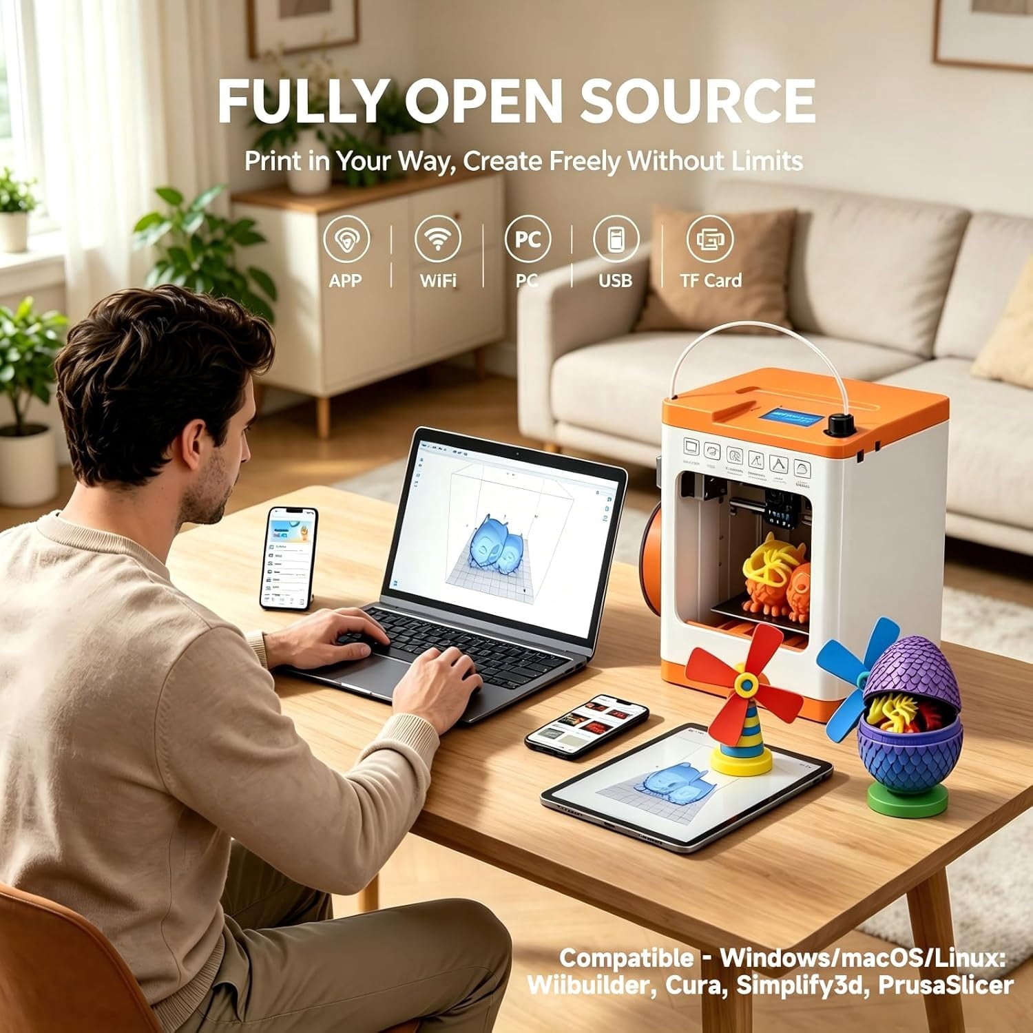 Tina2S Mini 3D Printer, fully assembled with WiFi cloud printing & auto bed leveling, ideal for beginners